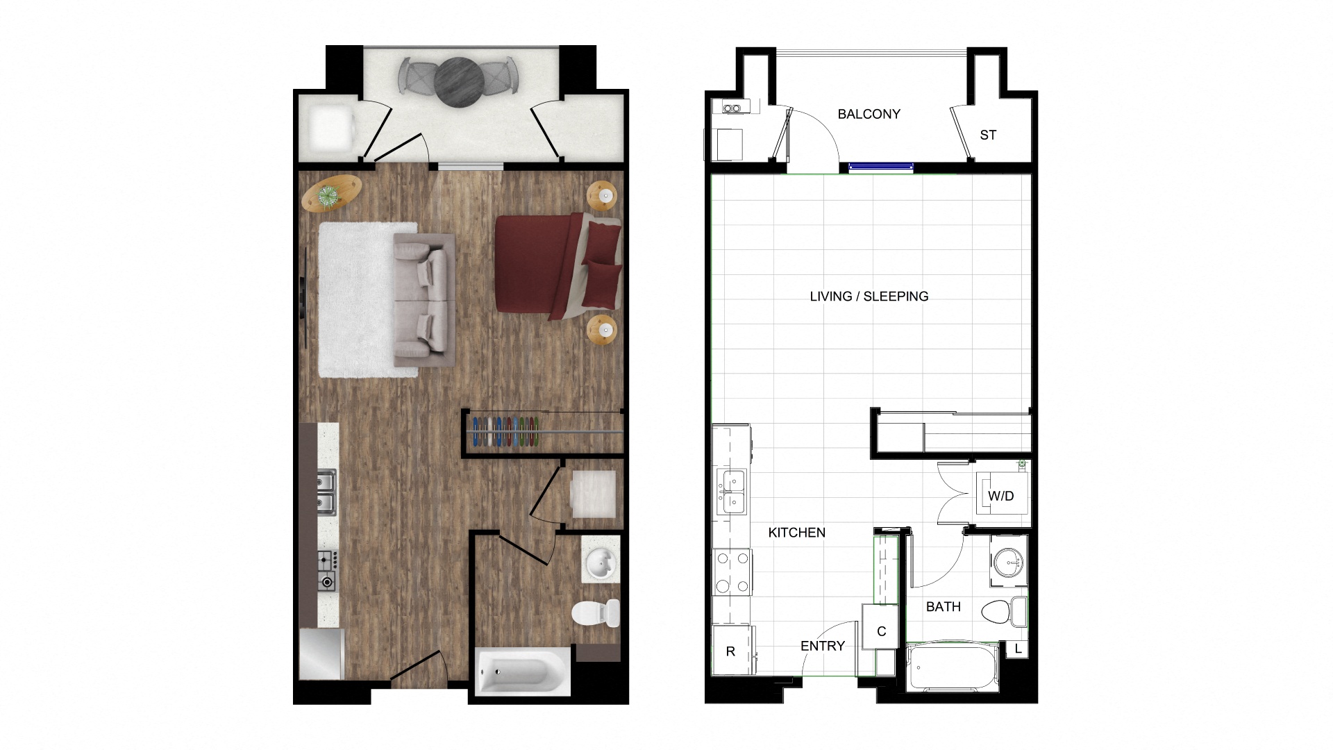 Floor plan for studio, 1 bath, 535 sqft